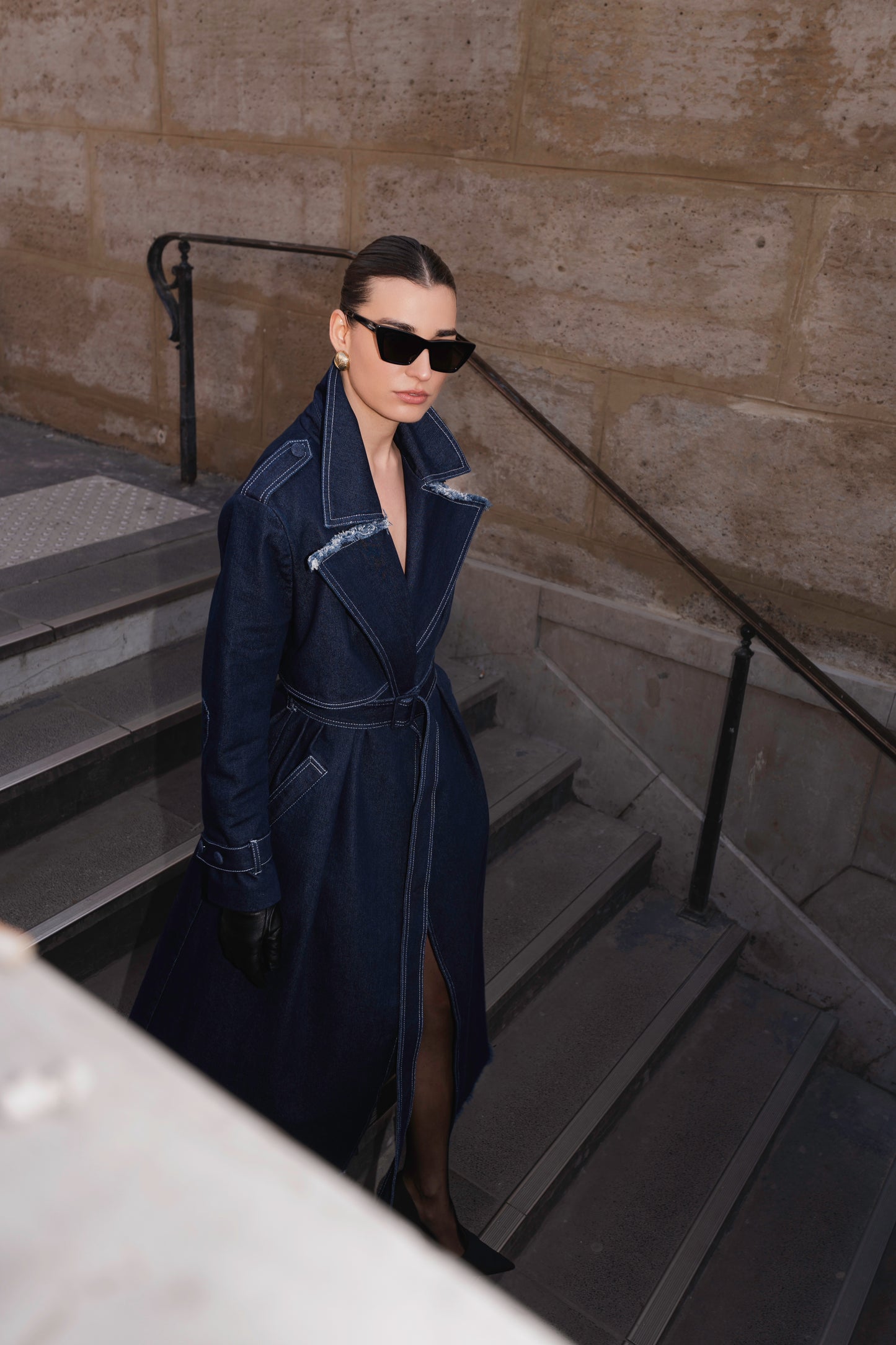 Denim maxi trench coat