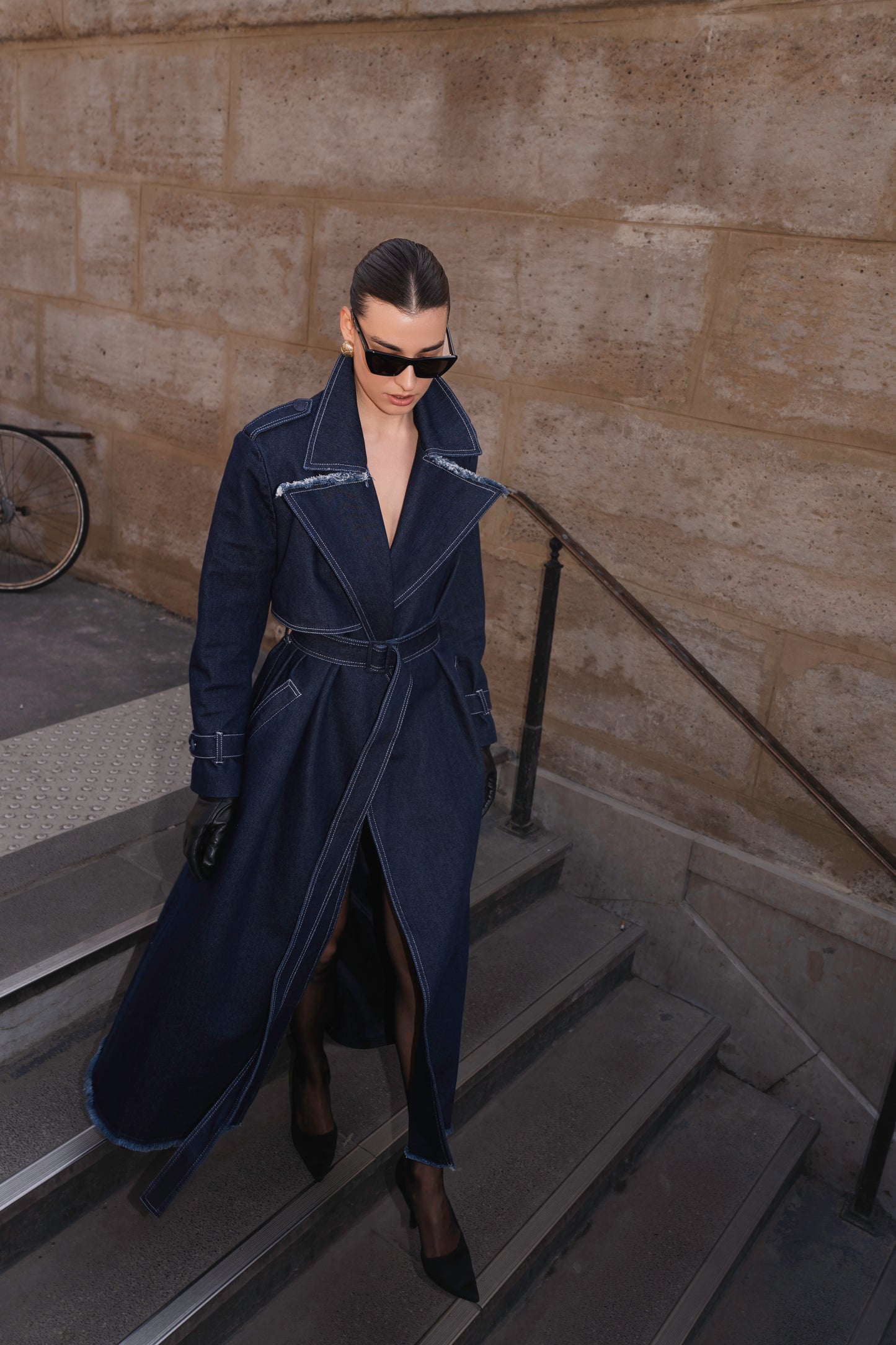 Denim maxi trench coat