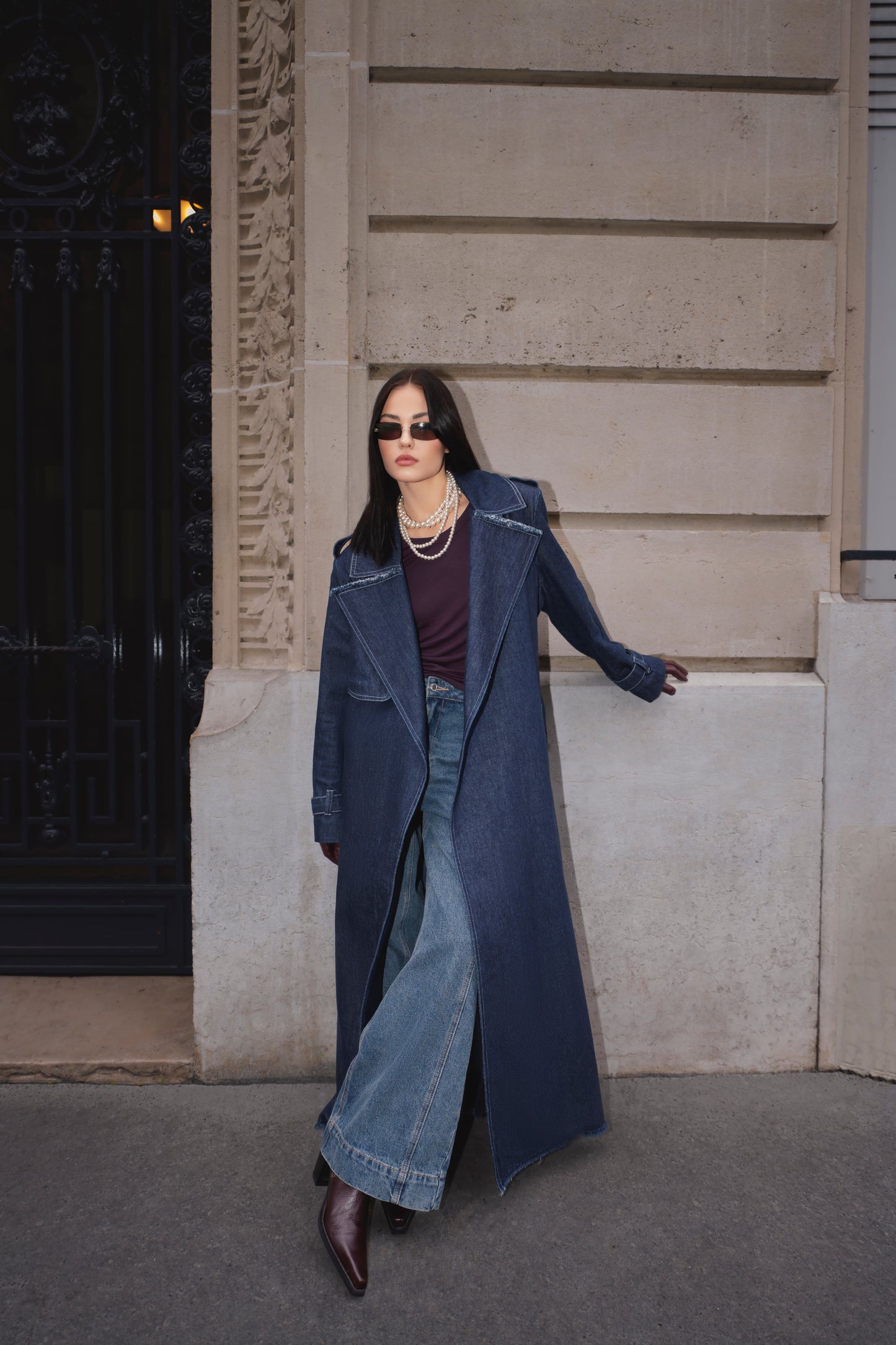 Denim maxi trench coat