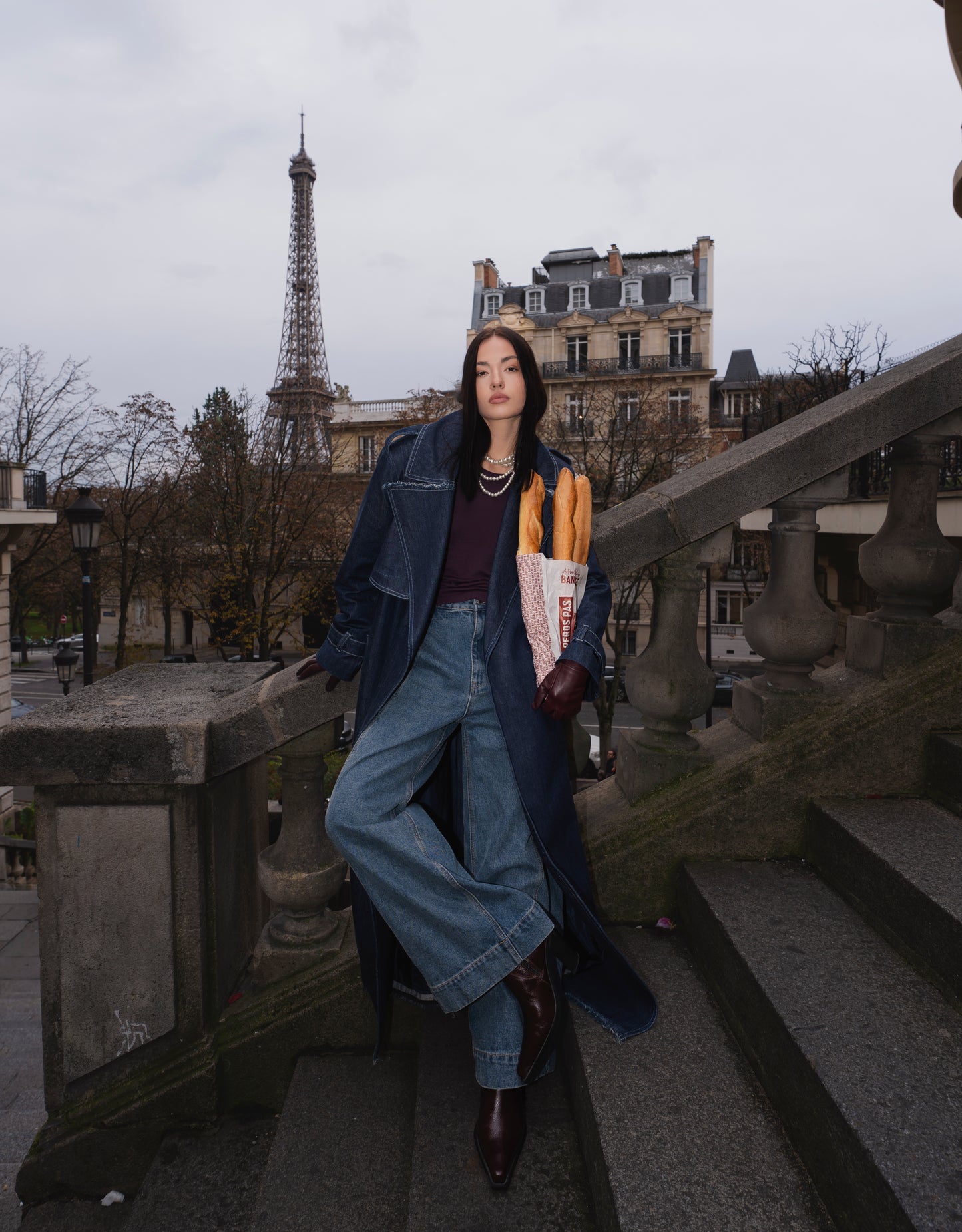 Denim maxi trench coat