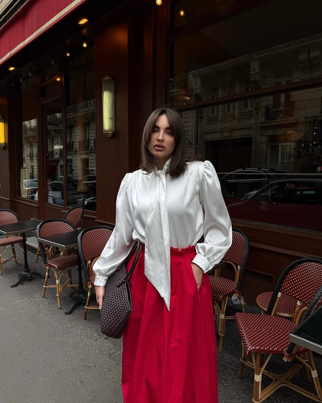 Blouse with accent shoulders and long sleeves with cuffs